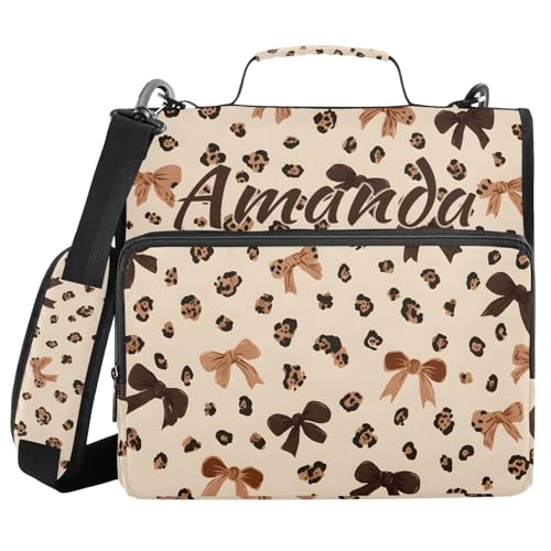 Image of Custom 3 Ring Zipper Binder Leopard Print Bow Pattern Personalized Name 1.5 inch Binders Large Capacity Multi Pockets for School Office Supplies