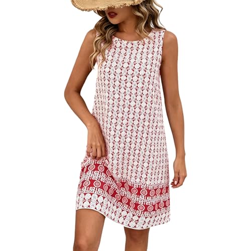 Image of Womens Summer Dresses Sleeveless Round Neck Midi Dress Ladies Vintage Floral Print A Line Dress Boho Beach Tank Dresses Casual Swing Sundress Red