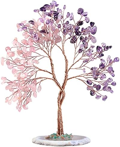Nupuyai Amethyst & Rose Quartz Twining Crystal Money Tree with Agate Slice Base, Love Stone Tree Ornament Fengshui Figurines for Home Office Wedding Decor