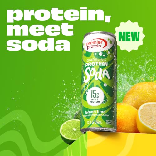 Image of Premier Protein Sparkling Protein Soda, Lemon Lime, 15g Whey, 4 Pack | Soft Drink with Benefits, 5 Ingredients, No Artificial Colors or Flavors, 3g Sugar, 12 oz