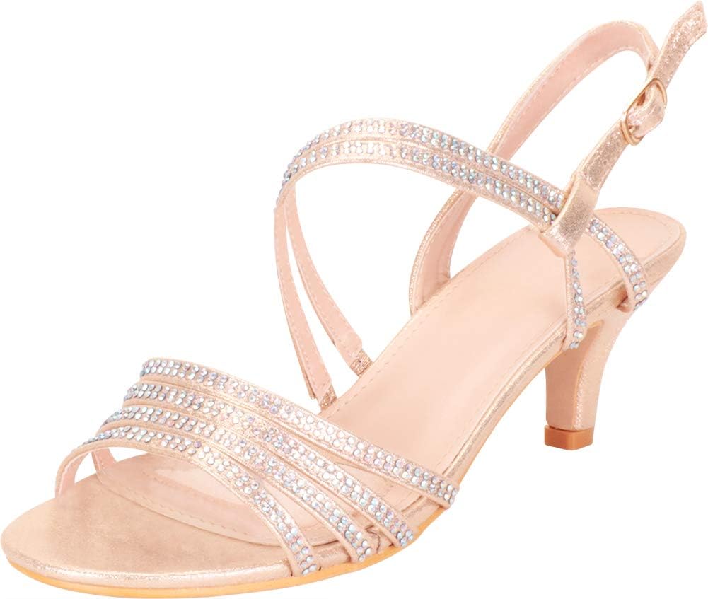 Women's Open Toe Strappy Crystal Rhinestone Mid Kitten Heel Sandal