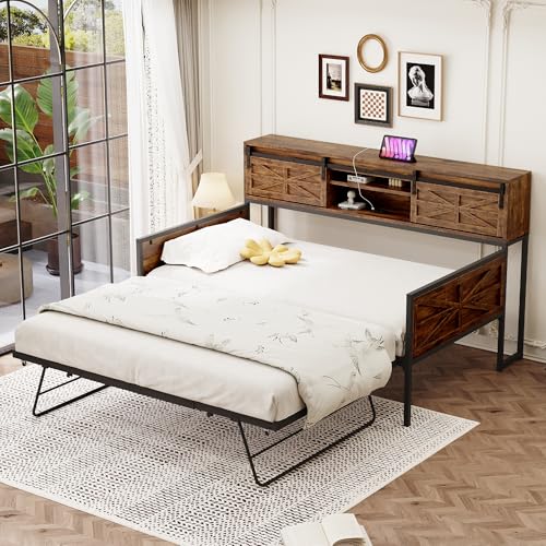 Sofá cama extensible de metal de 90 x 200 cm con 2 camas separadas, enchufes multifuncionales y compartimentos de almacenamiento generosos, perfecto para invitados, adolescentes o habitaciones que