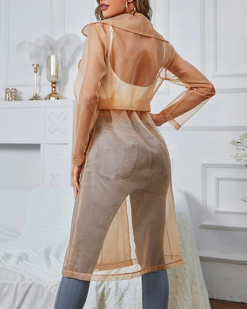 CHICME Women Longline Trench Coat Sheer Mesh Sleeve Buttoned CoatTransparent Jacket Coat with Belt - Image 2