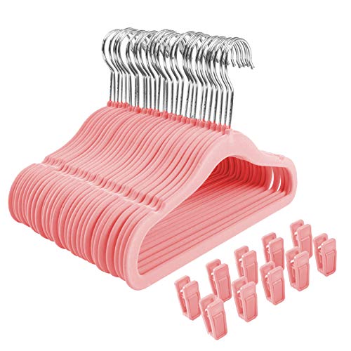 Image of Finnhomy Non-Slip Clothes Hangers for Baby and Kids 30-Pack Velvet Hangers with 10 Finger Clips, Light Pink