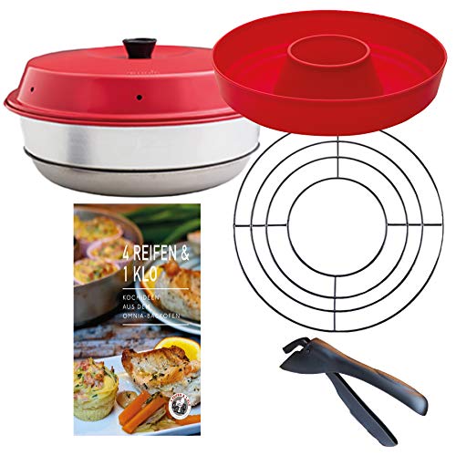 Omnia Backofen 5-teiliges Spar-Set | Backofen + Silikon-Backform 2.0 + Kochideen Kochbuch + Aufbackgitter + Haltezange für den