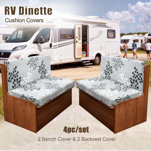 Image of SearchI RV Dinette Cushion Covers, Stretch Camper Cushion Slipcovers for Travel Trailer Couch RV Booth Seat, Replacement Camper Sofa Chair Protector (2 Backrest Cover & 2 Bench Cover, Leaf Pattern)