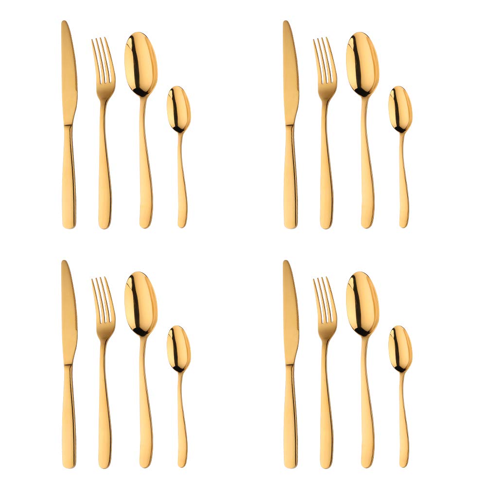 Acero Inoxidable Dorado Vajilla, 16 Piezas Cuberteria PVD Oro Set de Cubiertos Servicio para 4