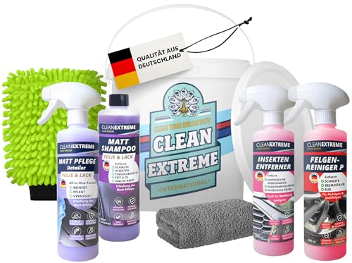 CLEANEXTREME Autowäsche Set Base für Mattlack & Matt-Folie | Autoshampoo Felgenreiniger Insektenentferner Auto-Detailer & Wascheimer mit Deckel