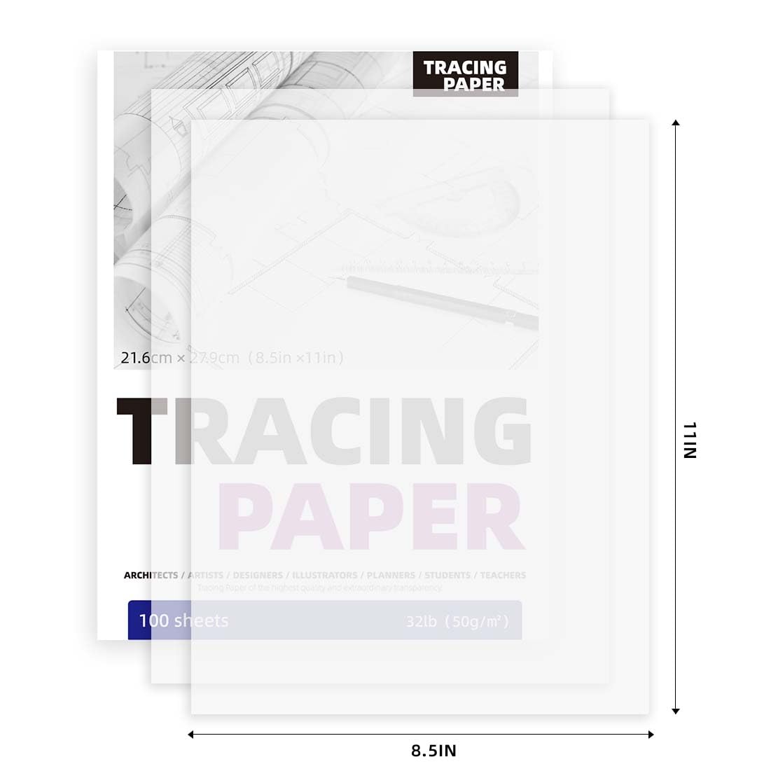 SEMLEART Podkładka papieru kreślarskiego do rysowania, 100 arkuszy, półprzezroczysty papier welinowy 50 g, do szkicowania, wstępnego rysowania, nakładek obrazów (2 szt., 21,5 x 28 cm)