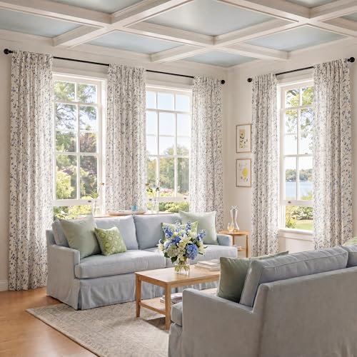 Image of Floral Linen Shree Printed Curtains 120 Inches Light Filtering Vintage Farmhouse, Back Tab Rod Pocket Cottage Core Drapes for Living Room Bedroom Dining Room, Navy Blue on Beige, 2 Panels