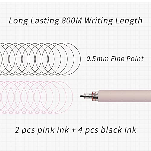 Kaco Gel Ink Pens Aesthetic 6 Pieces Cute Retractable Pens 0.5Mm Fine Point, 4 Black Ink + 2 Pink Ink, Office School Supplies Christmas Holiday Gifts #TOP3