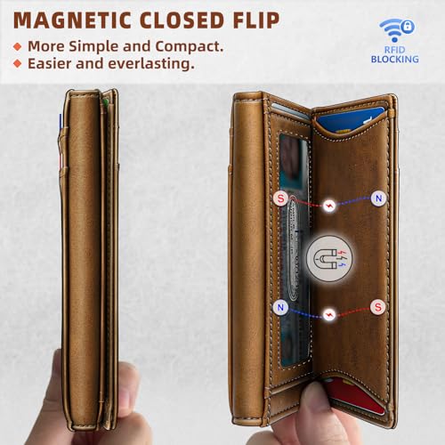 BULLIANT Men Wallet, Slim Front Pocket Leather Wallet Magnetic Closure for Gift Men 12Cards 4.3"*3.4" RFID Blocking4