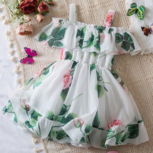 Toddler Girls Dress Spring Summer Cold Shoulder Swing Dress with Ruffle Trim Floral Princess Party Birthday Dresses2