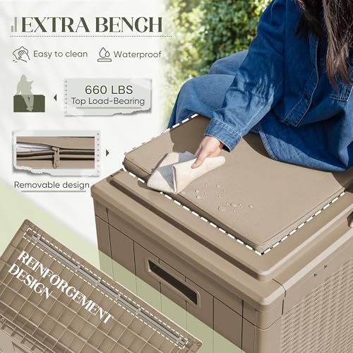 Image of Greesum 100 Gallon Resin Deck Box Outdoor Storage with Cushion, Coffee