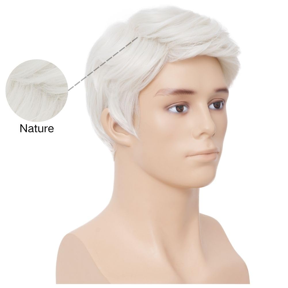 Siudus Mens White Short Wig Natural Heat Resistant Fibre Wig Cosplay Costume Party Wigs for Male Guys (White) - Image 3