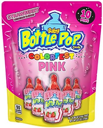 Baby Bottle Pop Colorfest Individually Wrapped Pink Strawberry Party Pack -10 Pink Strawberry Lollipops w/ Powdered Sugar Dip - Summer Candy For Pool Parties, 4th of July Celebrations & Summer Fun