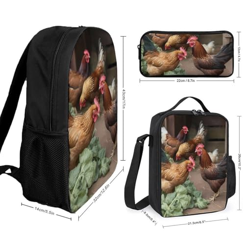 3 Piece Backpack for Women Men Lightweight Causal Daypack Shoulder Bag Set with Insulated Lunch Bag And Pencil Case Organizers Farm Chickens2