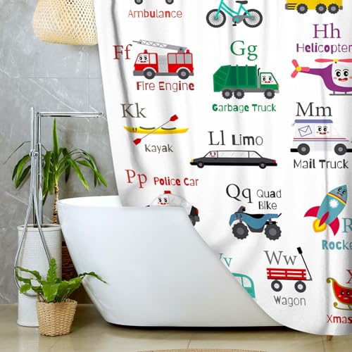 Image of Vehicles Alphabet Shower Curtain for Kids, Kid Excavator Tractor Machinery Trucks, Construction Vehicle Shower Curtain for Boys