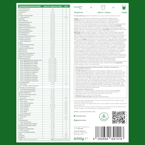 Grüne Mutter 2.0 - Das Original - Greens Shake - Akazienfaserpulver, Weizengras, Brennnessel, Mariendistel, Alfalfa, Chlorella und mehr - Smoothie Shake - 600g Pulver - Alpha Foods