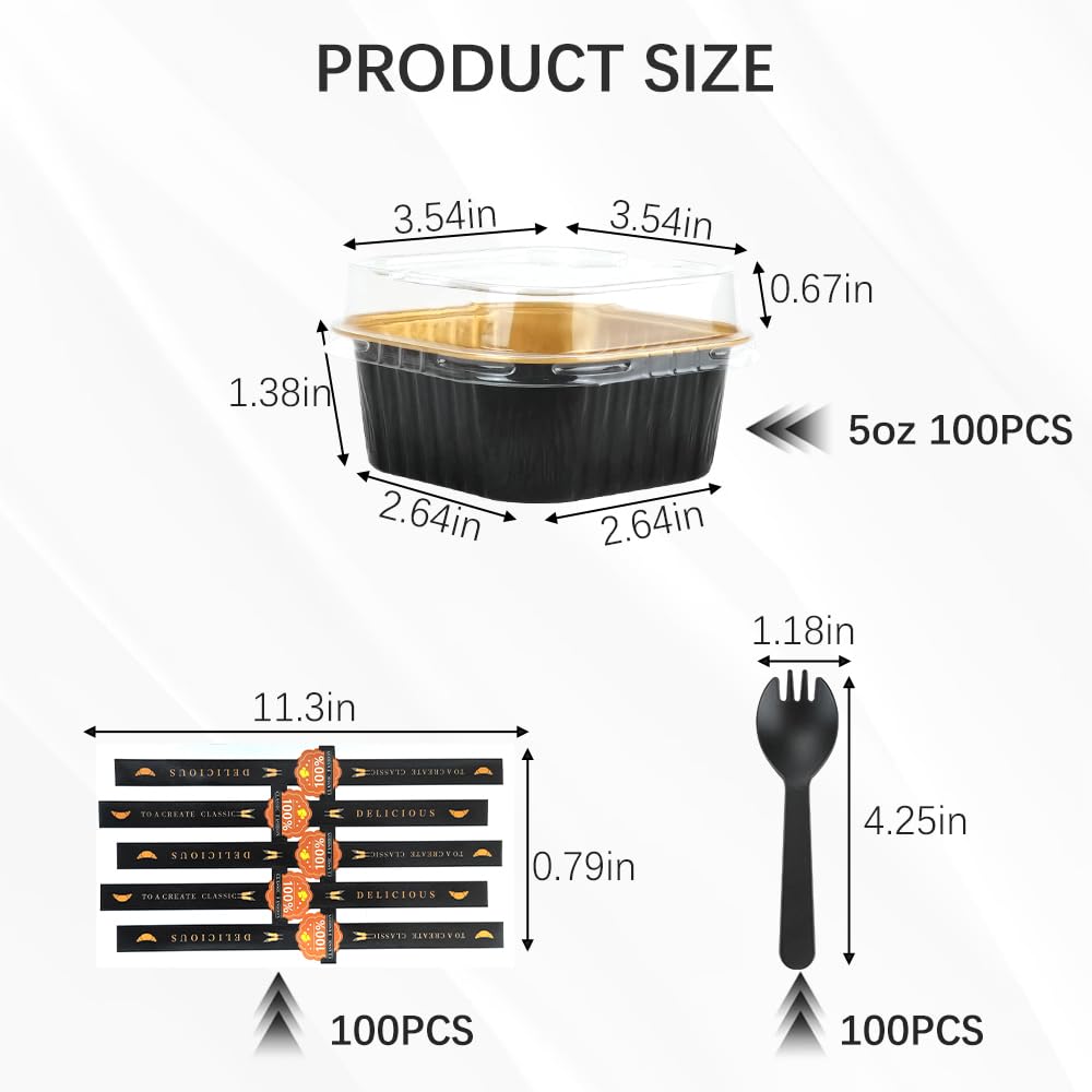 RETON 100 mini moldes para tartas con tapas, moldes de papel de aluminio de 5 onzas para hornear cupcakes, mini moldes para tartas con calcomanías y tenedores, moldes pequeños para tartas de pan para
