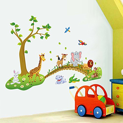 Decalmile Jungle Animals Tree Wall Stickers Lion Giraffe Elephant Walking On Bridge Wall Decals Kids Room Baby Room Nursery Bedroom Wall Decor(Finished Size: 48.8 Inch X 31 Inch) #TOP1