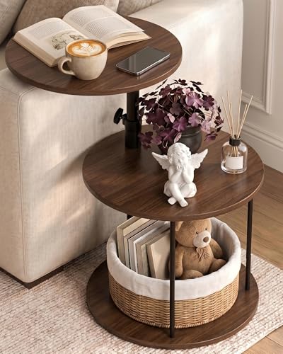 Image of Faesun Swivel Round Table for Couch Arm, Height Adjustable C Shaped End Table for Recliner or Bed, Tv Trays with Storage Shelf for Small Spaces- Small Nightstand for Living Room, Bedroom, Walnut