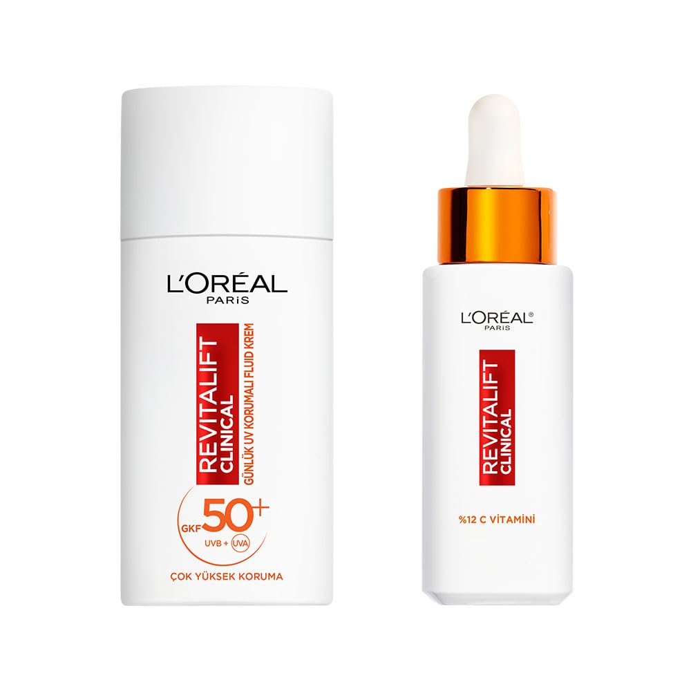 L’Oréal Paris Revitalift Clinical%12 Saf C Vitamini Aydınlatıcı Serum & Revitalift Clinical SPF 50+ Günlük Yüksek UV Korumalı Yüz Güneş Kremi 50 ml Cilt Bakım Seti