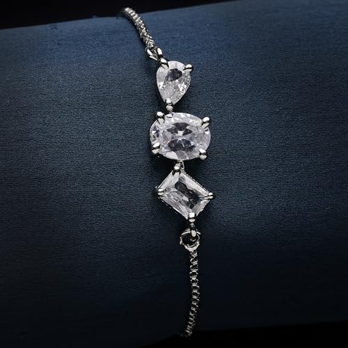 Image of ZENEME Bracelet Silver Toned Rhodium Plated American Diamond Crystal Charm Bracelet For Women