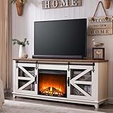 OKD Fireplace TV Stand for 70 75 Inch TV, Industrial & Farmhouse Entertainment Center with Sliding Barn Door & 23' Electric Fireplace, Rustic Media Console Cabinet for Living Room, Antique White