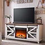 OKD Fireplace TV Stand for 70 75 Inch TV, Industrial & Farmhouse Entertainment Center with Sliding Barn Door & 23" Electric Fireplace, Rustic Media Console Cabinet for Living Room, Antique White