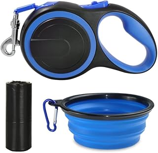 Telescopic Dog Traction Device, Non-Slip Handle, Pull Rope for Pets, Foldable Bowl and Garbage Bag, Easy to Lock and Brake, Comfortable and Durable, 5 Metres (Blue)
