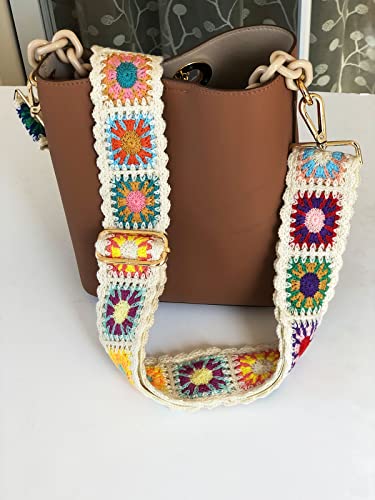 Crochet Flower Purse Straps Replacement Crossbody for Handbags Women Guitar Strap 2 inch Wide Adjustable Bag Strap (White)2