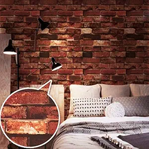 wolpin Wall Stickers DIY Wallpaper Decal 3D Brick Self Adhesive House Office Decorative PVC Vinyl, Living Room, Hall Kitchen Shelf Liner Contact Paper Interior, Smokin Red