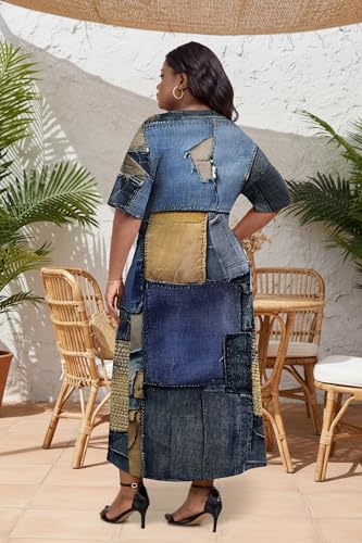 Image of Runwind Plus Size T Shirt Maxi Dress for Women Short Sleeve V Neck Casual Long Dresses with Pockets