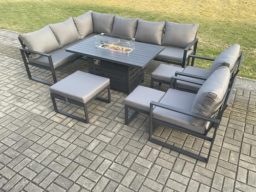 FMSGarden Aluminium 10 Pieces Garden Furniture Corner Sofa Set with Cushions Gas Fire Pit Dining Table Set with 2 Chairs 3 Footstools Dark Grey
