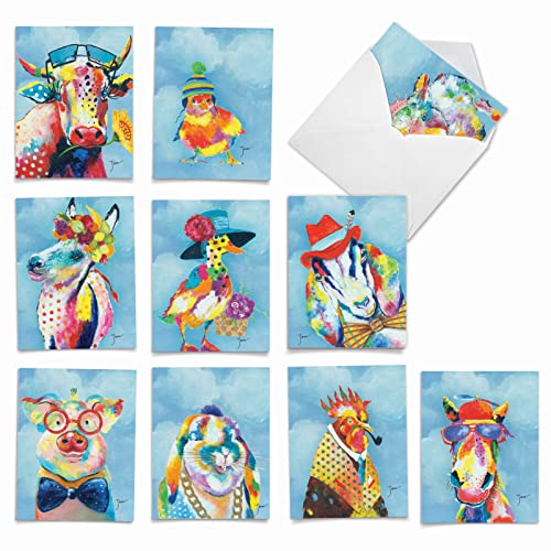 The Best Card Company - 10 Adorable Note Cards Blank (4 x 5.12 Inch) - Wildlife and Animal Cards, Assorted Boxed Kids Set - Funny Farm M6563OCB-NB