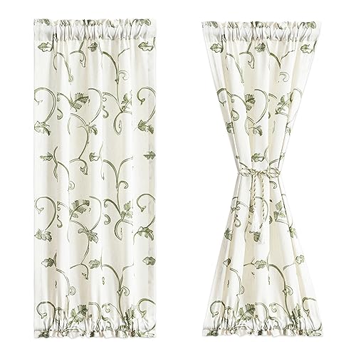 Image of VOGOL Beige Curtains for Door Windows, Green Vines Embroidery Small Short Window Curtain for Bathroom Basement Closet French Door, 25 x 40 Inches, 1 Panel