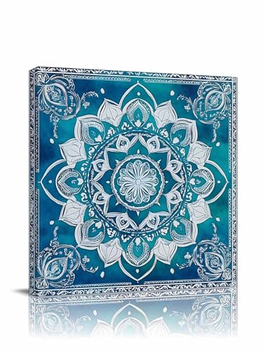 Turquoise Boho Wall Art Giclee Canvas Prints Ethnic Country Abstract Floral Aesthetic Paintings Wall Decor 8x8 Picture Framed Wall Artwork for Living Room Bedroom Bathroom Office Home