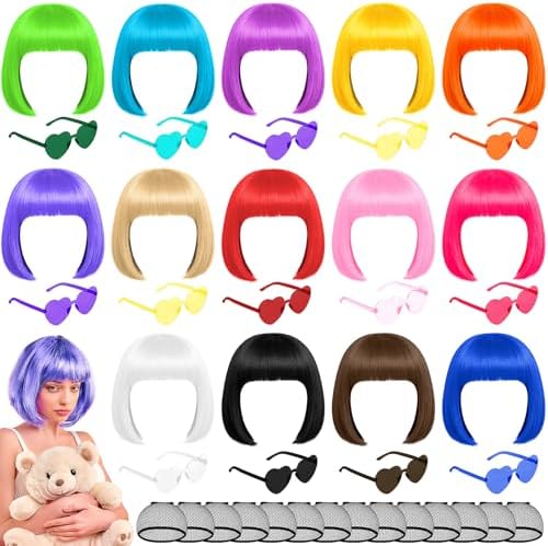 42 Pcs Short Bob Wigs Sunglasses and Wig Caps, Colorful Party Wigs Neon Cosplay Hairpieces for Women Birthday Halloween Bachelorette Party - 14 Bright Colors