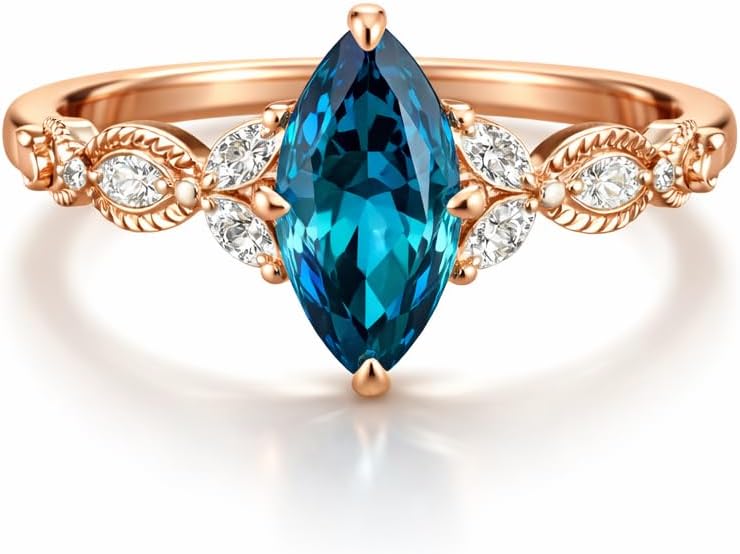 Marquise Cut London Blue Topaz Engagement Ring 14K Rose Gold Vintage CZ Diamond Accent Ring December Birthstone Alternative Wedding Promise Jewelry Gift For Her