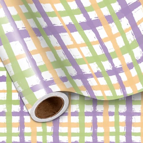 LeZakaa Checkered Plaid Wrapping Paper Roll, Green Purple Plaid Checkered Watercolor Pattern, Classic Gift Wrap for Birthday, Wedding & Everyday Use, Mini Roll 17 in x 9.8 Ft