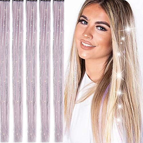 UNICORN HAIR Colorful Clip in Extensions for kids - Long Extension Clips with Holographic Tinsel sewn in - 5 X pastel PINK - for Girls of all ages - Synthetic Color, for long hair, ponytail, braids