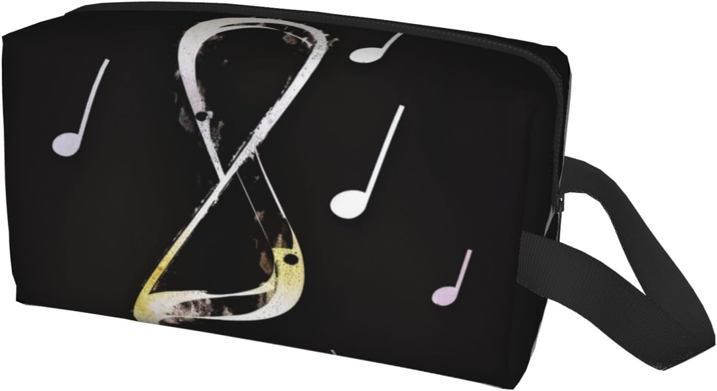 Travel Toiletry Bag for Women Men Leather Makeup Bag Large Portable Travel Organizer Music Notes Cosmetic Bag with Hanging Hook Travel Bathroom Bag Zipper Pouch Purse image 2