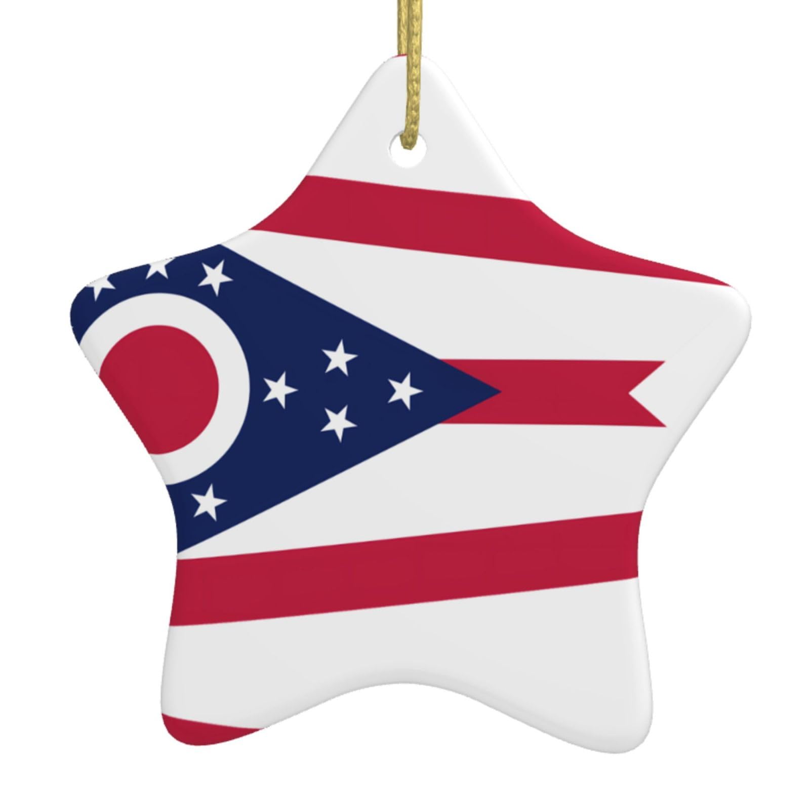 Ohio State Flag Christmas Ceramic Star Pendant with Punched Holes and Gold Wire Rope, Christmas Tree Home Decoration