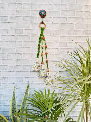 Image of Crafty Co. Decorative Wall & Door Hanging Toran with Bells for Home Entrances (Green)- Bunch of 3 Big Bells | Macrame Wall Hanging Toran for Diwali, New Year, Festive Decoration, Balcony & Door Decor