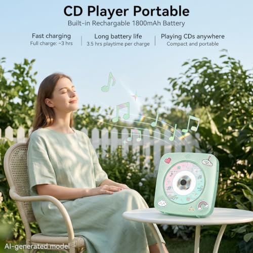 Image of CD Player Portable Bluetooth Rechargeable: CD Players for Home Kegaudio 1800mAh Desktop Wall CD Player with Speakers with Dust Cover FM Radio USB Remote Control