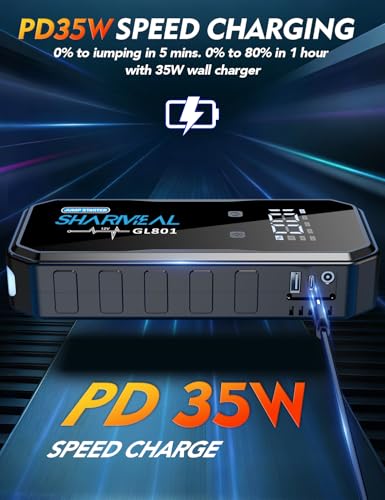Image of Sharmeal Jump Starter 8000A Battery Jumper Starter Portable 12000mAh Power Bank Pack for Up to All Gas & 12.0L Diesel Engines, 12V Portable Jump Box with 3 Modes Flashlight and Jumper Cab