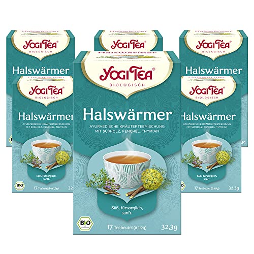 Yogi Tea - Halswärmer, Ayurvedischer Bio Gewürz- und Kräutertee, von Natur aus koffeinfrei, Mischung aus Süßholz, Fenchel und Thymian, Yogi Tee 6er Pack, 6x17 Beutel (102 Teebeutel insgesamt)