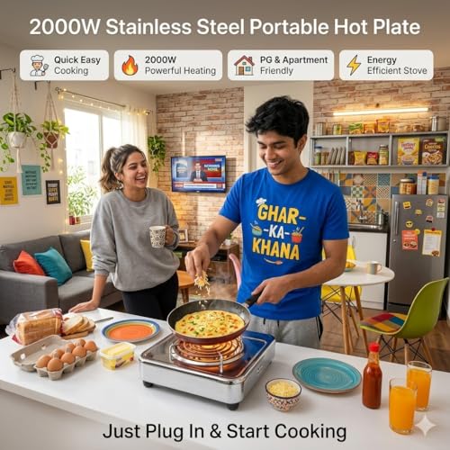 Image of Drumstone 2000W Electric Hot Plate Single Burner, Stainless Steel Portable Cooktop with Adjustable Temperature Control Knob, Coil Heating, Electric Cooking Stove for Home, Office, Hostel & Travel