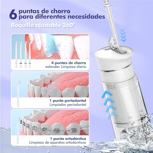 Image of Water Flosser Cordless Travel, Mini Oral Irrigator with Telescopic Water Tank, 5 Modes, 6 Jet Tips, IPX7 Waterproof Electric Portable Water Teeth Cleaner for Braces Bridges Care